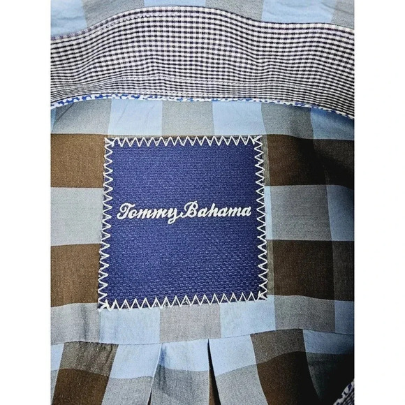 Tommy Bahama Size Large Mens Brown Blue Check Button Down Embroidered Logo Shirt - Picture 4 of 13